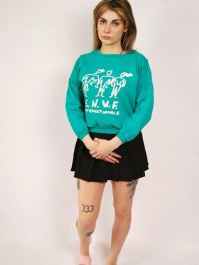 80s E.N.U.F Internationale Crewneck (L) large teal vintage sweatshirt pullover